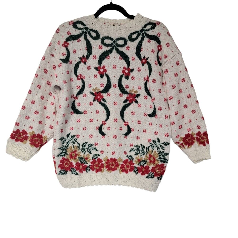 VTG Dana Scott Ugly Xmas Sweater Black‎ Red Scallop Hi Neck Sparkly Holiday Med